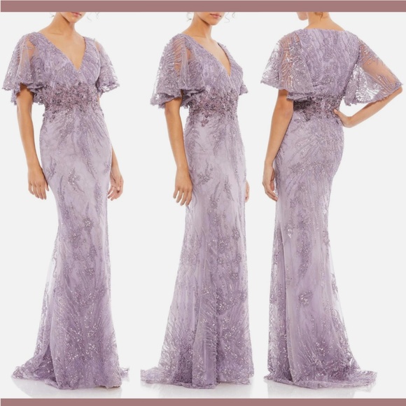 NEW $798 Mac Duggal [ 8 ] Flutter Embellished Lace Gown Vintage Liliac‎ Purple - Picture 1 of 16